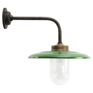 Vintage Industrial Brass and Glass Wall Light in Green Enamel For Sale