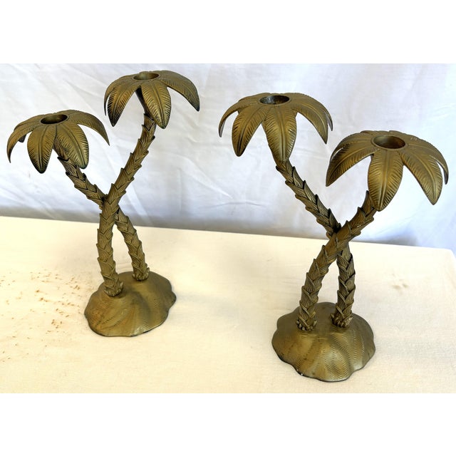 Metal Vintage Godinger Double Crossed Palm Tree Candlesticks- A Pair For Sale - Image 7 of 15