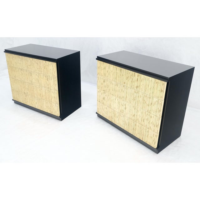 Pair Black Lacquer 4 Drawers "Linen Fold" Fronts Bachelor Chests Dressers MINT For Sale - Image 9 of 12