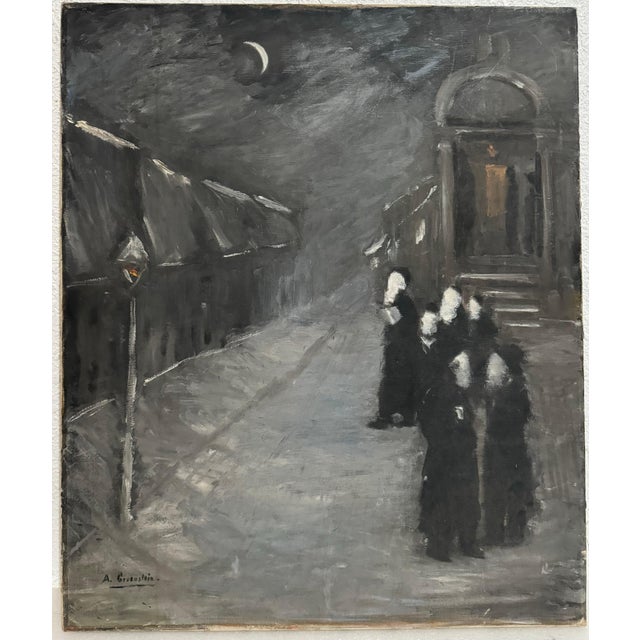Kiddush Levanah oil painting Hand signed A. Gruenstein. It is not dated or titled. Pre War European Chasidic Rabbis...