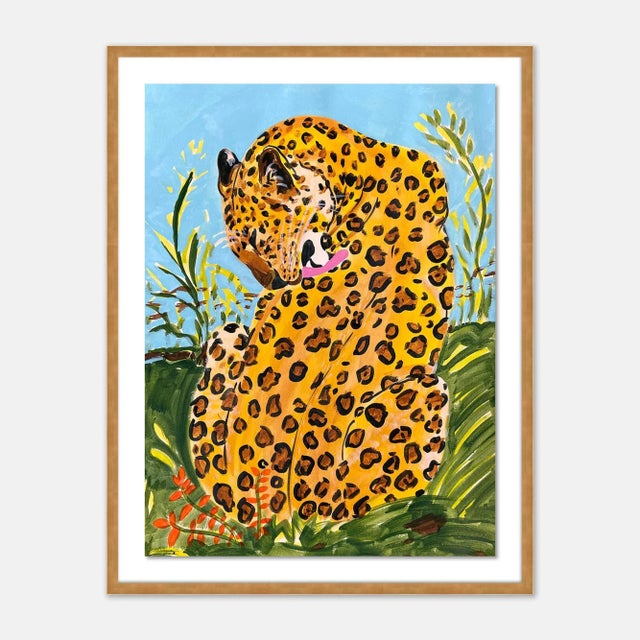 Jelly Chen Licking Leopard by Jelly Chen in Gold Framed Paper, Medium Art Print For Sale - Image 4 of 4