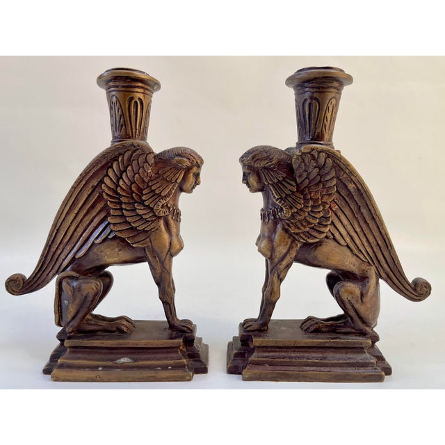 French Bronze Victorian Art Deco Style Sphinx Candleholders - a Pair For Sale In Boston - Image 6 of 7