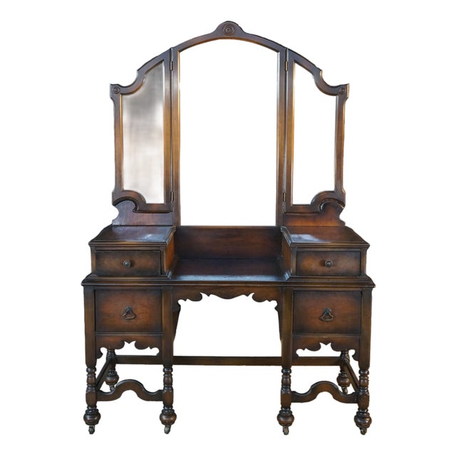 Antique Jacobean Gothic American Walnut Vanity Dressing Table Tri Fold Mirror For Sale