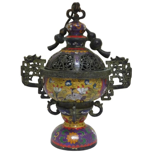 Chinese Metal Blue Enamel Cloisonne Incense Burner Figure For Sale