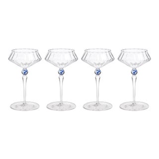 Ondine 4-Piece Set Fluted Coupe Glasses, Clear with Royal Azure Accent For Sale