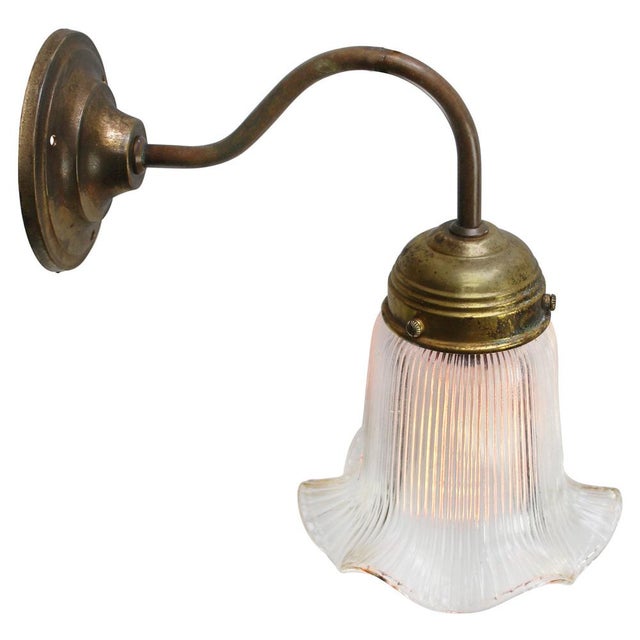 French Clear Holophane Glass and Brass Wall Lamp For Sale - Image 4 of 6
