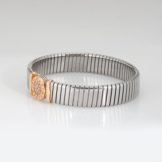 Bulgari Vintage 90s Bulgari Tubogas Bracelet Diamond 18k Gold Stainless Steel Bangle For Sale - Image 4 of 6