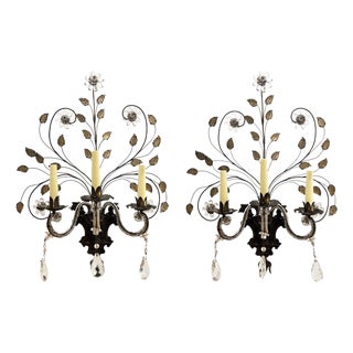 Large French Wall Sconces with Flowers & Leaves in the style of Maison Baguès, 1920s, Set of 2 For Sale