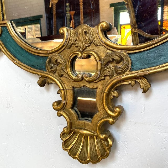 Green Large Italian Rococo Revival Pine Gilt and Green Painted Wall Mirror For Sale - Image 8 of 12