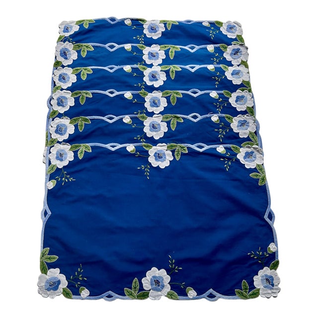 Mid 20th Century Set of 6 Madeira Blue Cotton Placemats & Embroidered White Florals For Sale