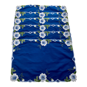 Mid 20th Century Set of 6 Madeira Blue Cotton Placemats & Embroidered White Florals
