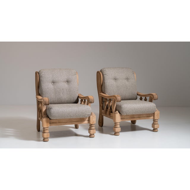 Pair of 1970s French Tan Brutalist Oak Upholstered Armchairs For Sale - Image 14 of 15