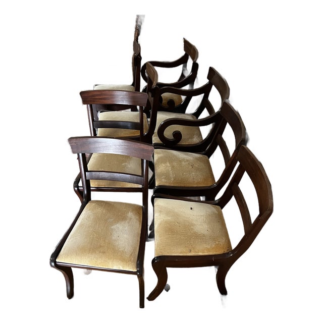 Collection of Mid Century Wooden Dining Chairs With Yellow Cushions- Set of 8 With 2 Captains Chairs For Sale