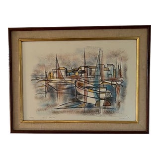 Mid-Century European Modern Harbor Print, 1968 Titled “Sunny Harbor” Limited Edition (68/250) For Sale