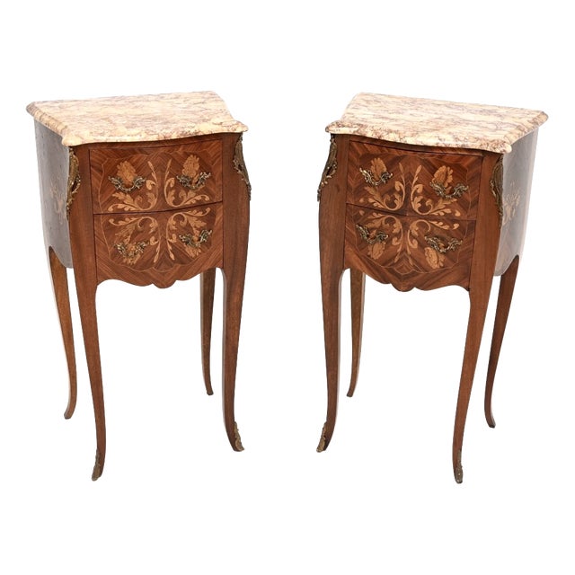 Antique French Inlaid Marble Top Bedside Chests, 1900, Set of 2 For Sale