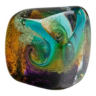 Signed George Averbeck Contemporary Studio Art Glass Cube Sculpture For Sale