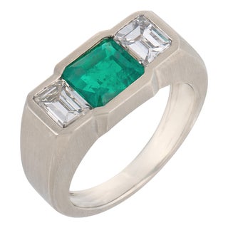 1950s Agl 2.00 Carat Colombian Emerald Diamond 14k White Gold Three Stone Ring, Size 8.75 For Sale