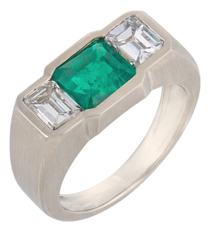 1950s Agl 2.00 Carat Colombian Emerald Diamond 14k White Gold Three Stone Ring, Size 8.75
