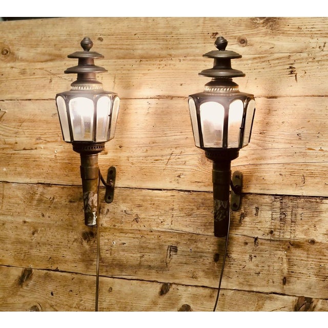 A Pair of French Brass Carriage Lamps, Wall Lanterns. An original Pair of 8-sided French Carriage lights made in brass and...