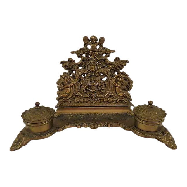 Antique French Louis XVI Style Bronze Double Inkwell and Letter Holder For Sale