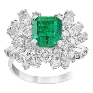 2.5 Carat Emerald Cut Colombian Emerald and Diamond 18 Karat Gold Ring Estate For Sale