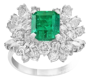 2.5 Carat Emerald Cut Colombian Emerald and Diamond 18 Karat Gold Ring Estate