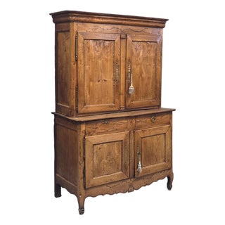 Antique French Elm Deux Corps Buffet Cabinet With Inlay and Fitted Interior For Sale
