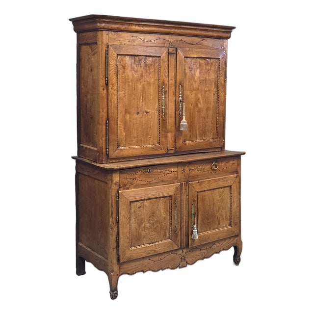 Antique French Elm Deux Corps Buffet Cabinet With Inlay and Fitted Interior For Sale