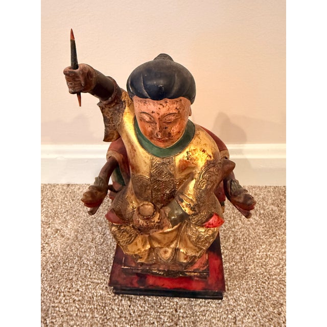 Chinese Late 19th C. Chinese Giltwood & Lacquer Taoist Deity Statue With Original Spear For Sale - Image 3 of 12