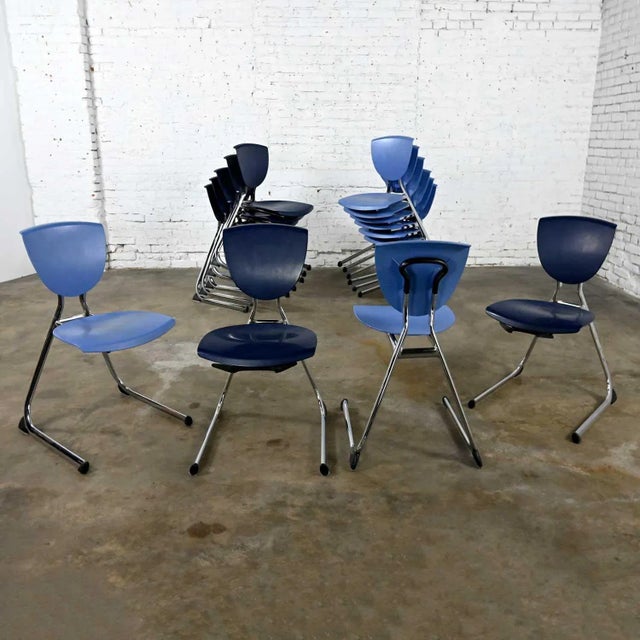 15 Vintage Modern Dark & Light Blue Plastic & Chrome Reverse Cantilever Stacking Intellect Dining Chairs by Krueger International For Sale - Image 12 of 13
