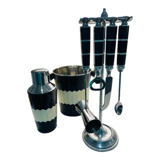 Black & White Bone Inlay Bar Set With Ice Bucket, Cocktail Shaker and Tool Set For Sale