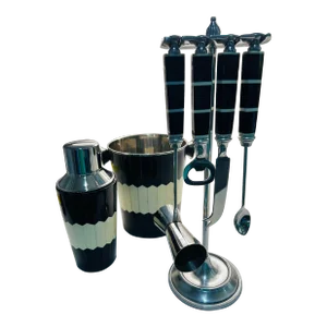 Black & White Bone Inlay Bar Set With Ice Bucket, Cocktail Shaker and Tool Set