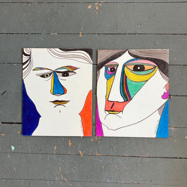 Paper 1980’s 2 Original E.J.Hartmann Abstract Portrait Colored Marker Drawings-A Pair For Sale - Image 7 of 7
