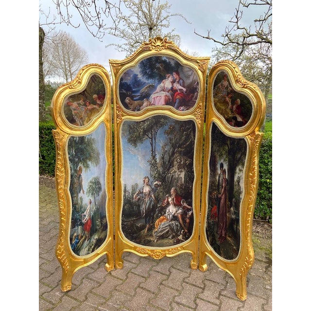 20thC French Louis XVI Gold Beech Scenic Room Divider Screen - 3 Panels For Sale - Image 14 of 18