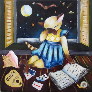 Bedtime Story by Zoa Ace | Oil on canvas Cat reading a book by a window with stars and a Ouija board. For Sale