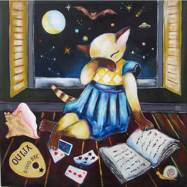 Bedtime Story by Zoa Ace | Oil on canvas Cat reading a book by a window with stars and a Ouija board. For Sale
