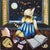 Bedtime Story by Zoa Ace | Oil on canvas Cat reading a book by a window with stars and a Ouija board. For Sale