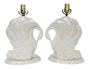Ceramic Swan Animalia Bird Table Lamps in Pearl White 1980s - a Pair