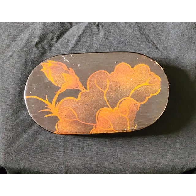 Vintage Japanese Lacquer Trinket Box Asian Makie Lidded Storage With Red Lining For Sale - Image 4 of 8