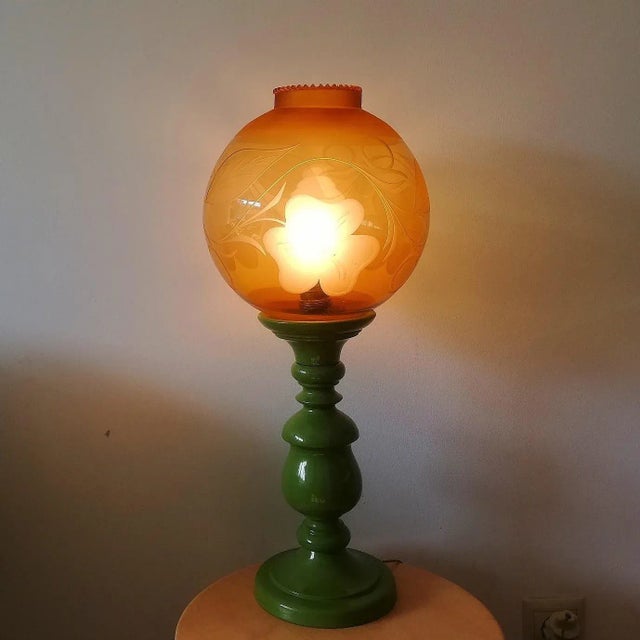 Goldenrod Large Mid-Century Italian Yellow & Green Wood and Glass Table Lamp For Sale - Image 8 of 18