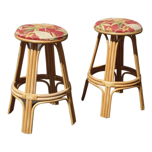 Pair Mid Century Modern Bamboo Swivel Barstools Bar Stools