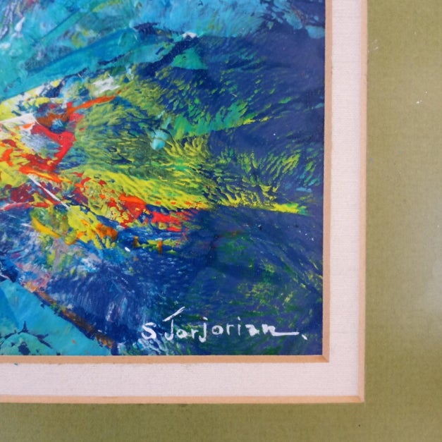 "High-Fly," a striking abstract expressionist work by California artist Sylvia Jorjorian. Executed in a mixed media blend...