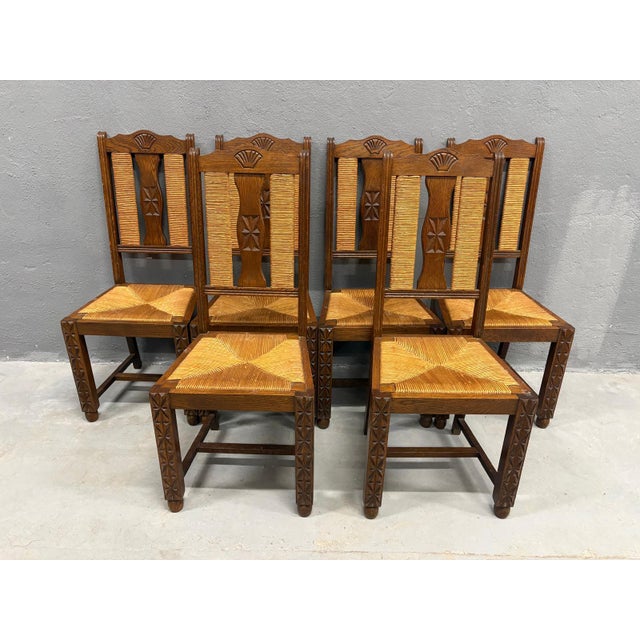 Brutalist Dining Chairs in Straw and Ash Wood, France, 1950s, Set of 6 For Sale - Image 4 of 5