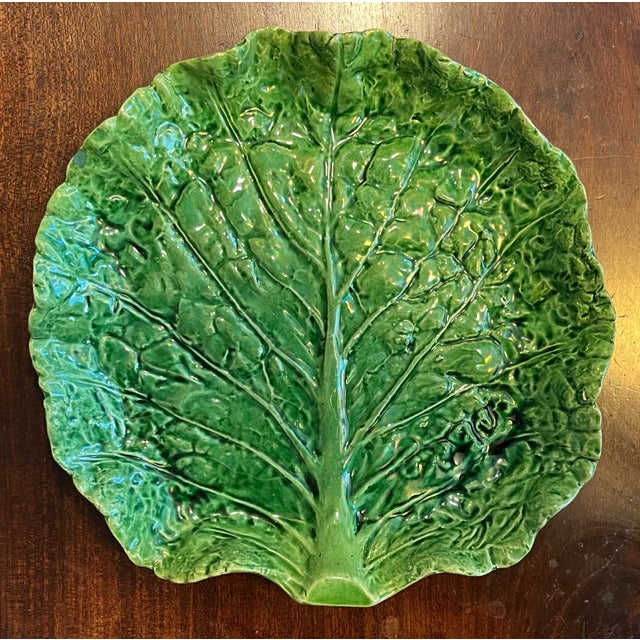 Antique Portuguese Majolica Pottery Green Cabbage or Lettuce Leaf Serving Dish For Sale - Image 12 of 15