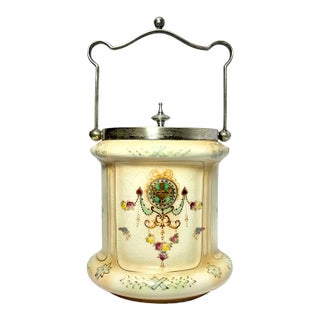 1910s Antique English Crown Devon Cream Ceramic Biscuit Barrel Jar & Lid For Sale