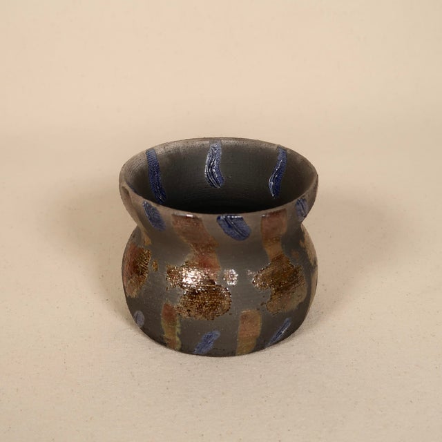Contemporary Signed Studio Pottery Raku Ceramic Vessel With Metallic Copper Glaze and Abstract Brushwork For Sale - Image 3 of 17