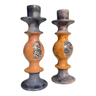 Vintage Postmodern Carved Soapstone Candlesticks , a Pair For Sale