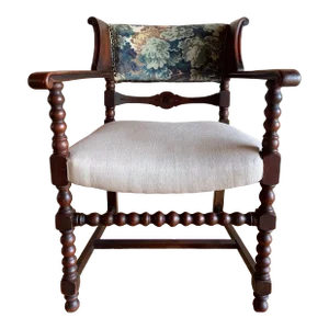 Mid 19th Century Antique English Walnut Bobbin Chair With Hand Printed Tapestry Velvet, Linen and Nailhead Trim