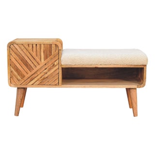 Oak-Tone Mango Wood Hallway Bench With Bouclé Seat For Sale