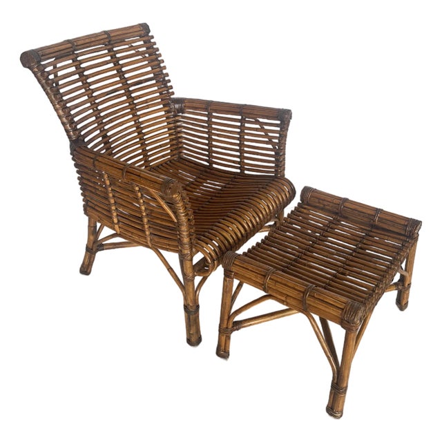 Vintage Rare Scrolled Rattan Large HighBack Chair & Ottoman For Sale